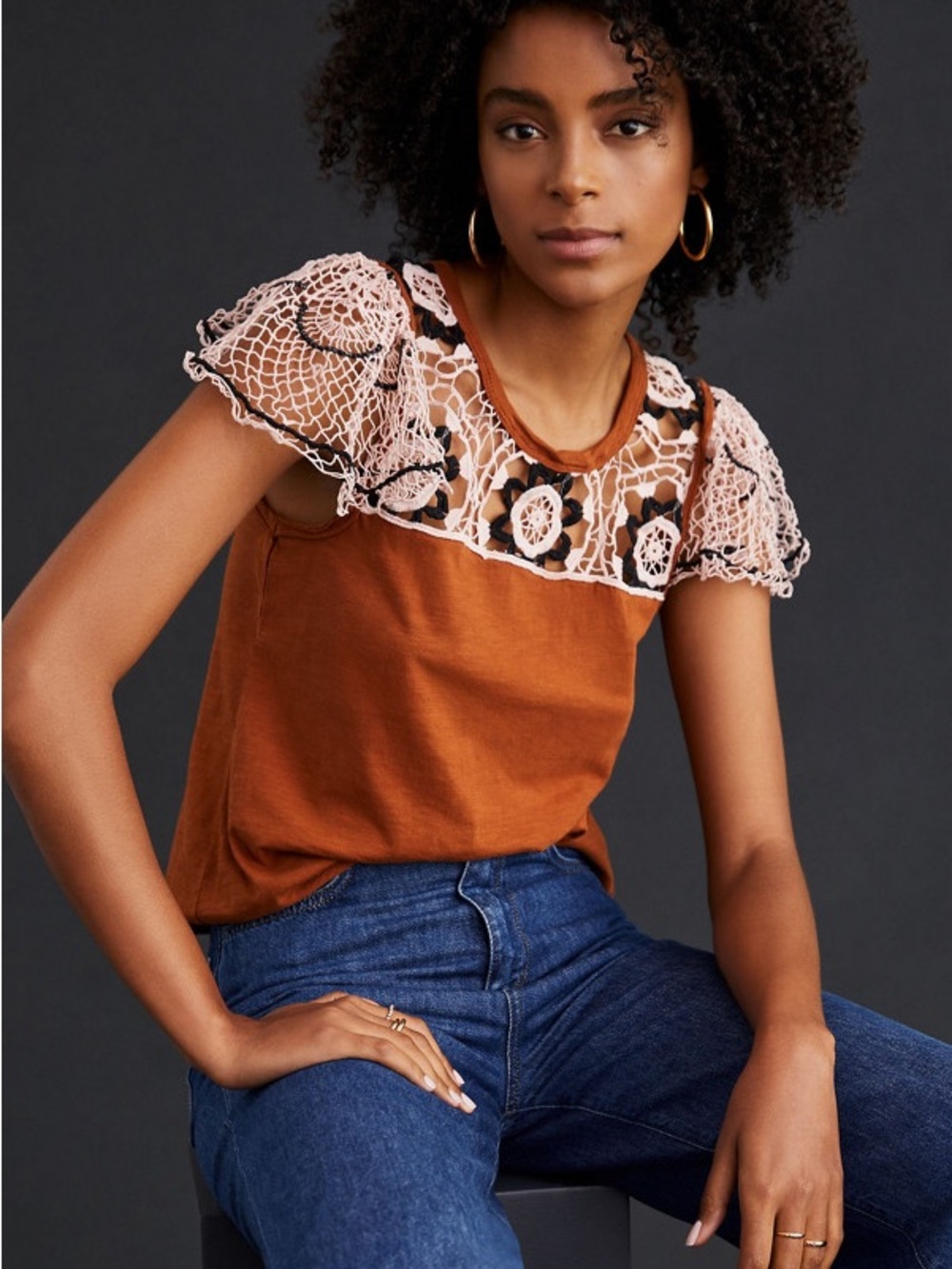 Anthropologie Rust short sleeve with light pink Crochet